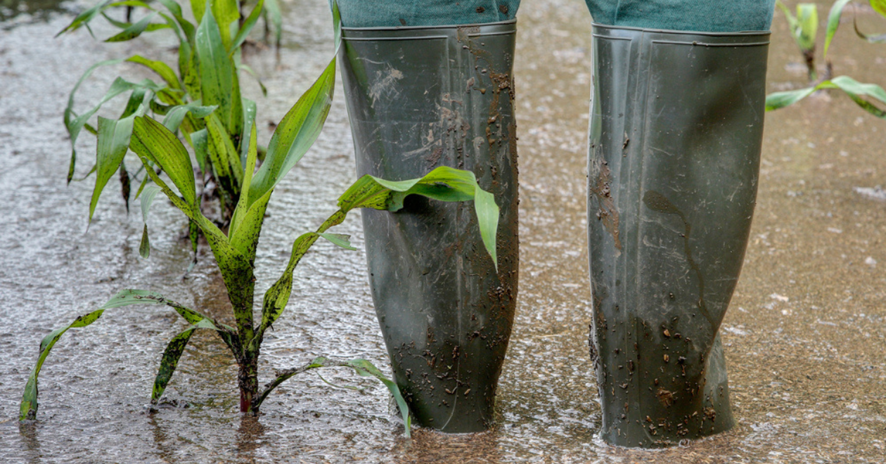 A farmer stands in his flooded maize field with rubber boots