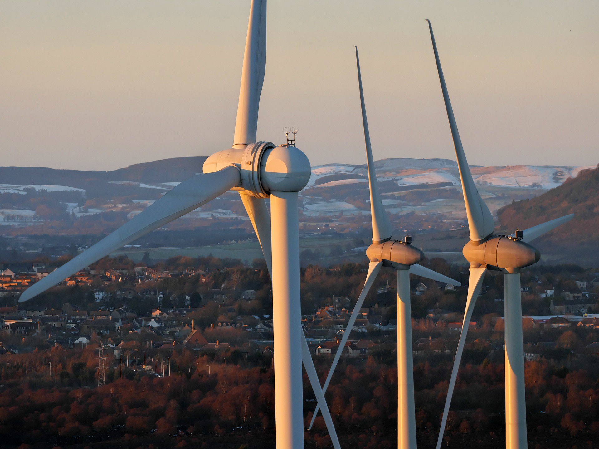 Wind turbines in Scotland during sunset