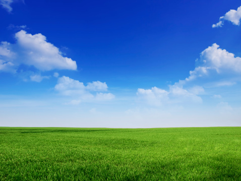 Blue sky with clouds and a green field