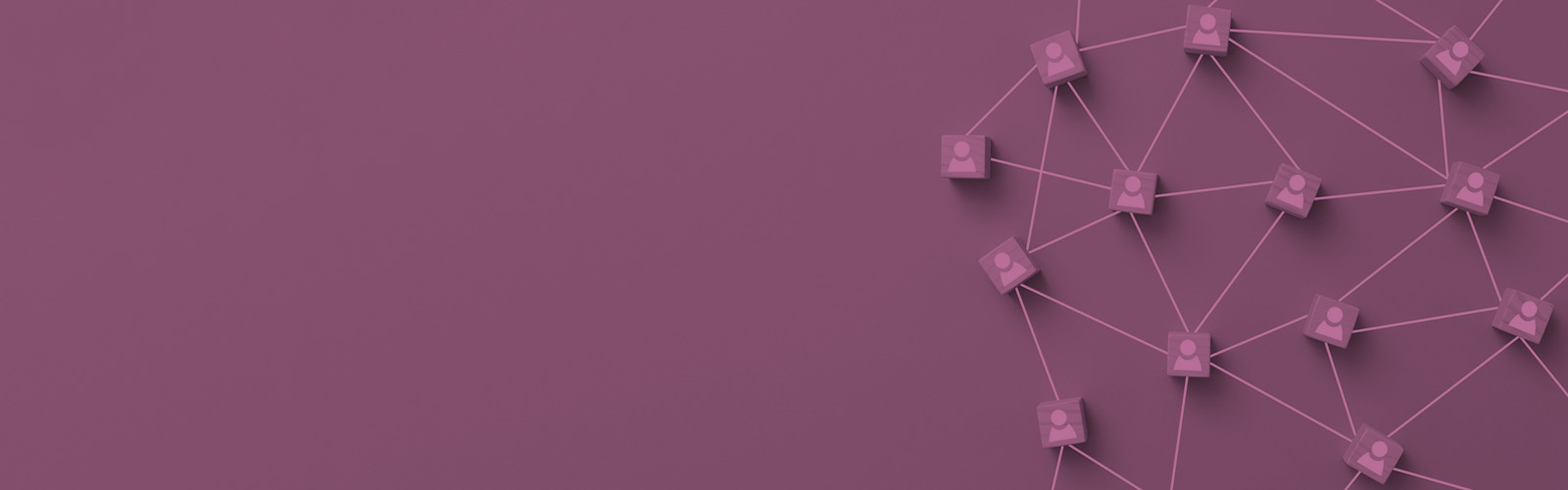 Wooden cubes with people icons connected by lines, representing a network