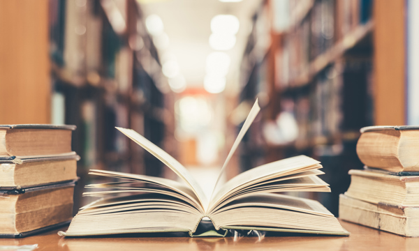 An open book in a library