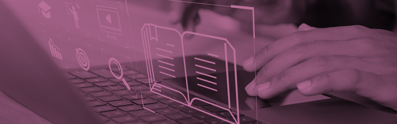 Person using a laptop with digital icons and a virtual open book graphic displayed, suggesting online learning or digital education.